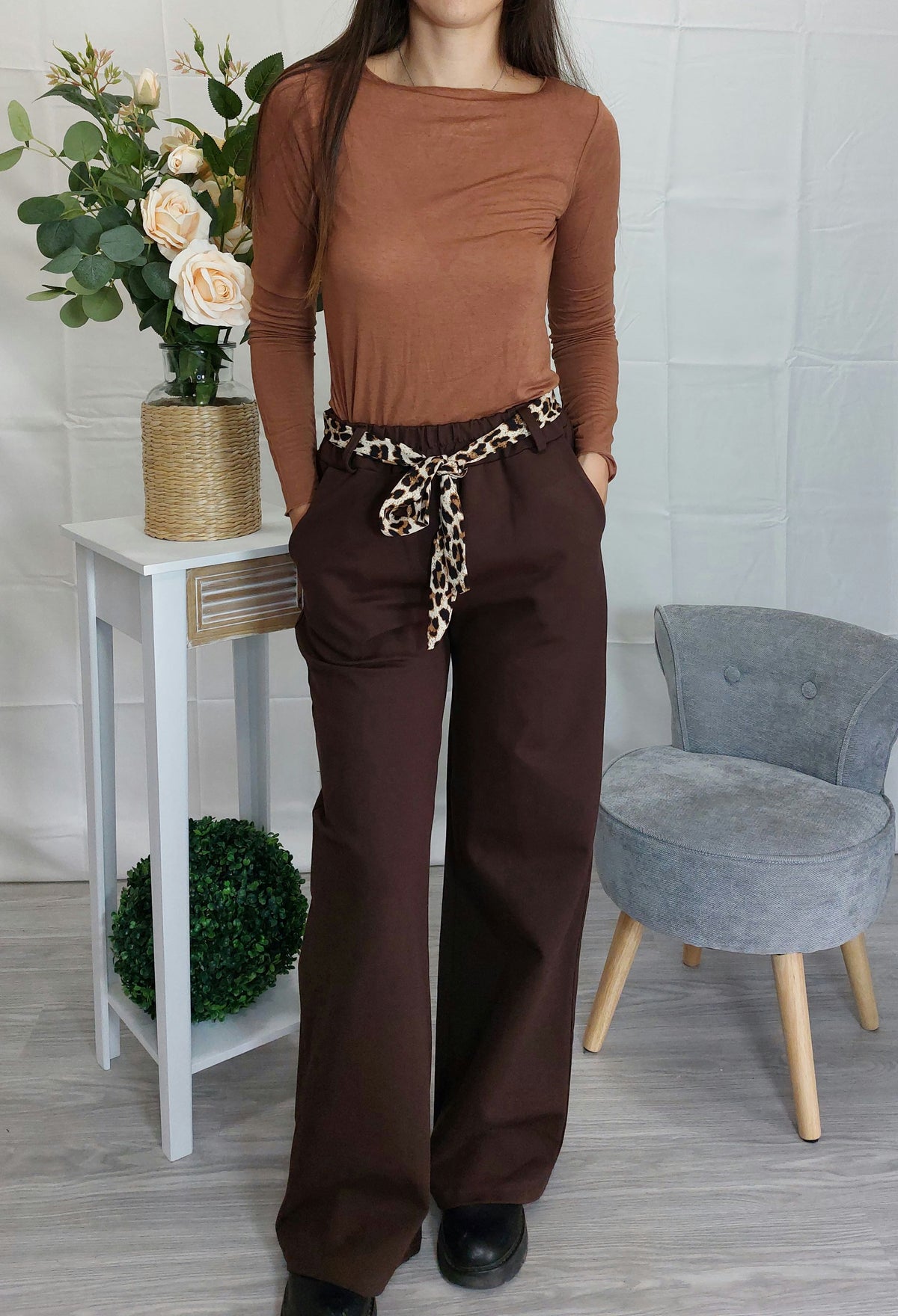 Dafne – Pantaloni donna palazzo a vita alta con cintura animalier
