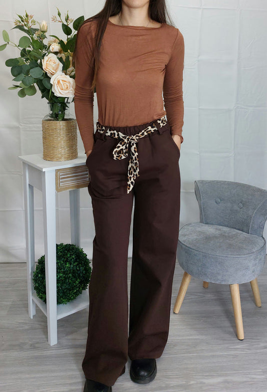 Dafne – Pantaloni donna palazzo a vita alta con cintura animalier