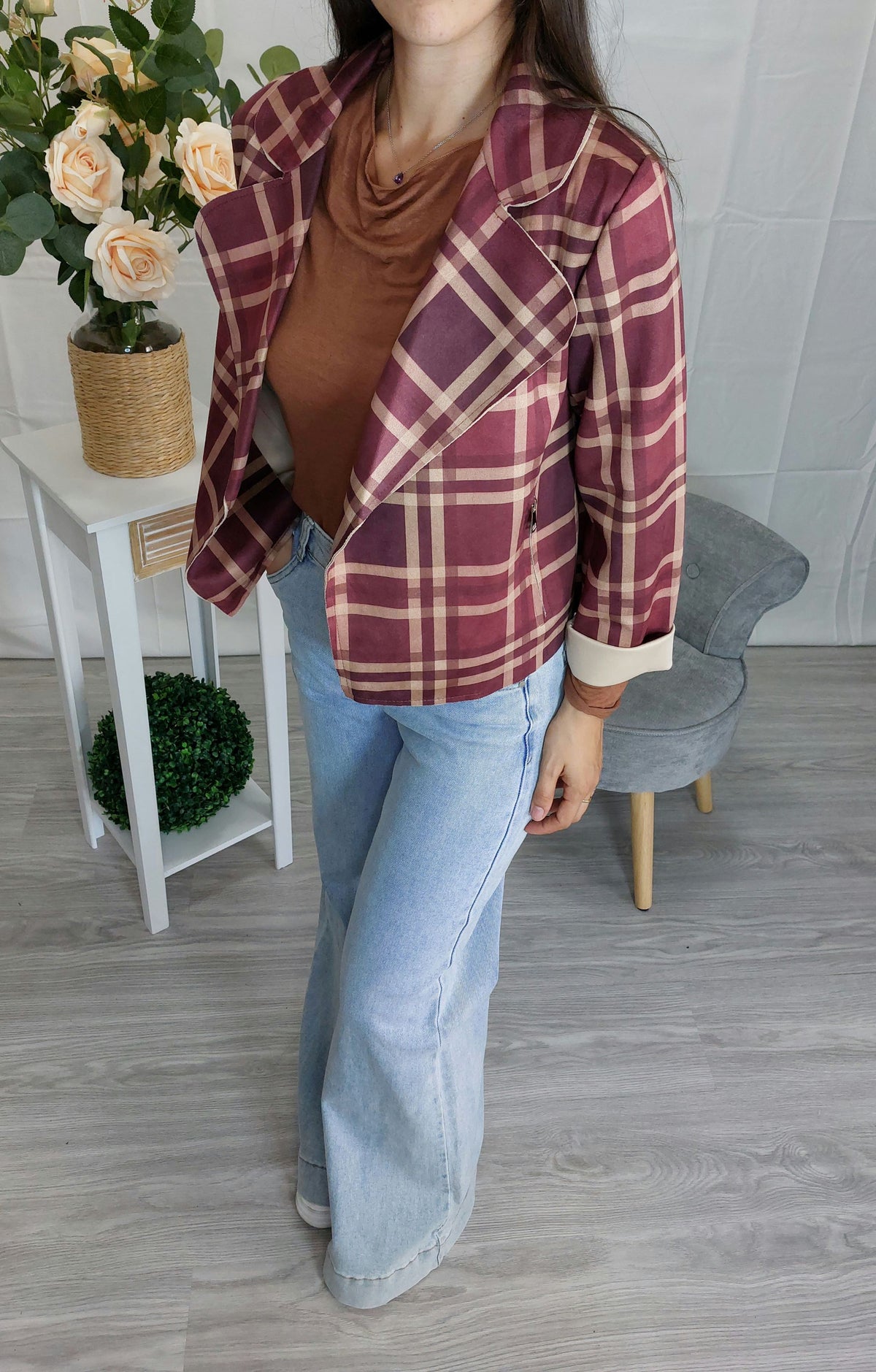 Isotta – Giacca donna in camoscio a quadri con zip sulla tasca