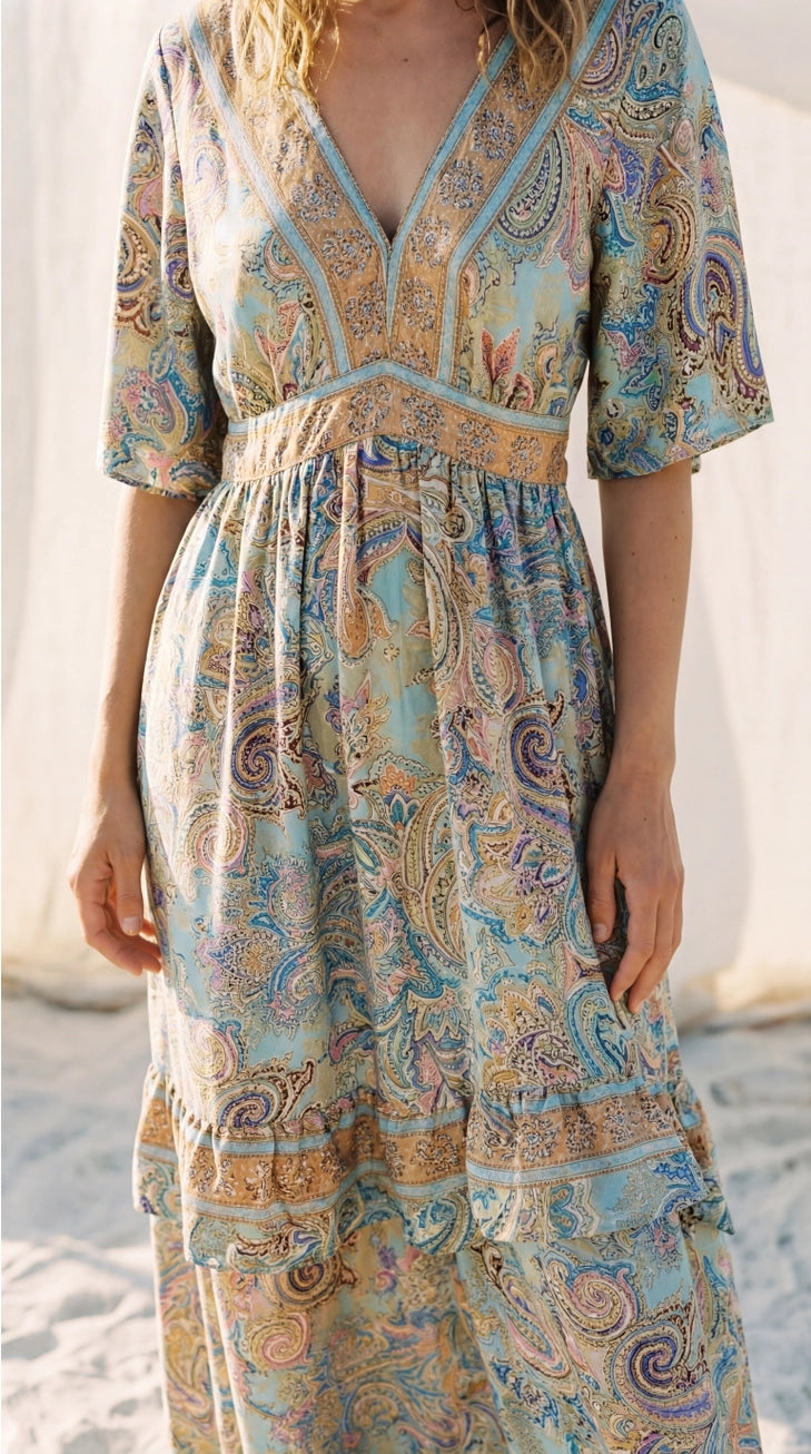 Aurelia - Abito Maxi estivo Boho senza schiena, romantico con fantasia paisley