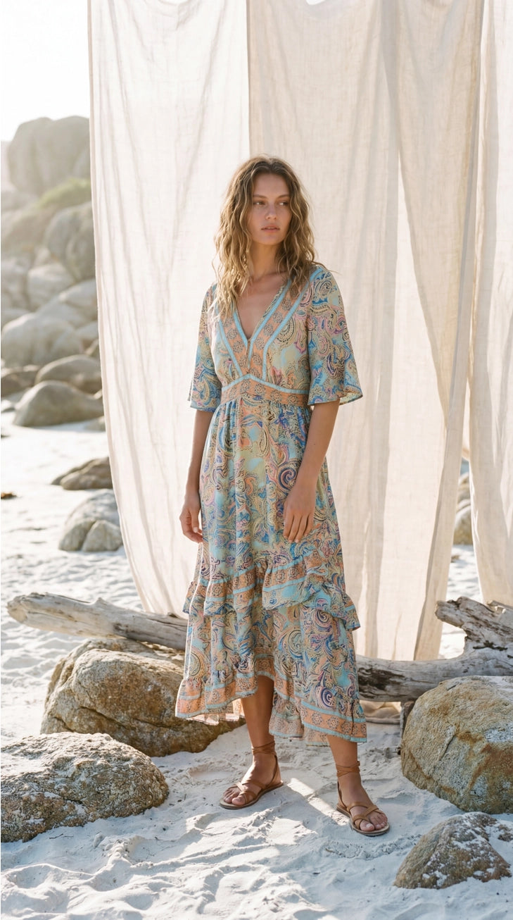 Aurelia - Abito Maxi estivo Boho senza schiena, romantico con fantasia paisley