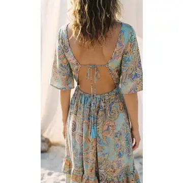 Aurelia - Abito Maxi estivo Boho senza schiena, romantico con fantasia paisley